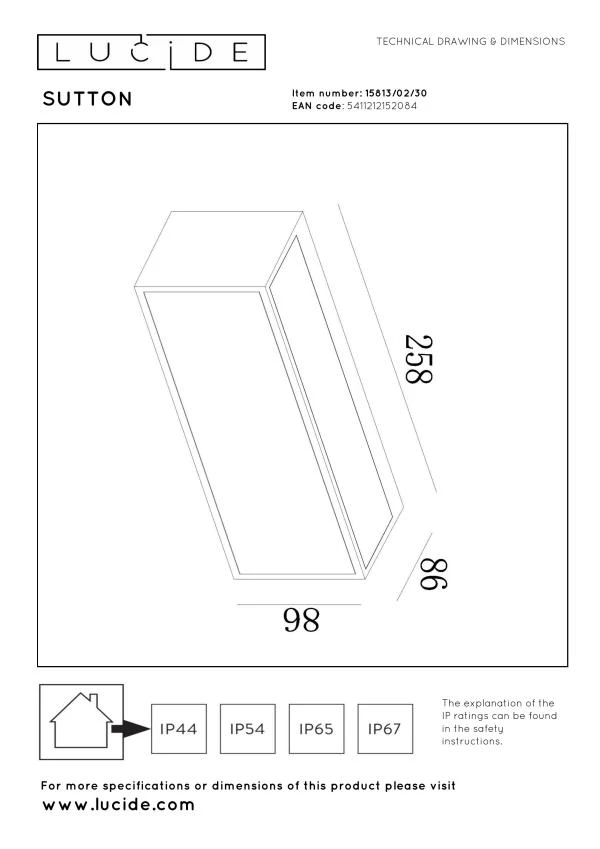 Lucide SUTTON - Wandleuchte - Sonnenenergie - LED Dim. - 1x2W 2850K/3150K - IP54 - Bewegung und Tag/Nacht-Sensor - Schwarz - technisch